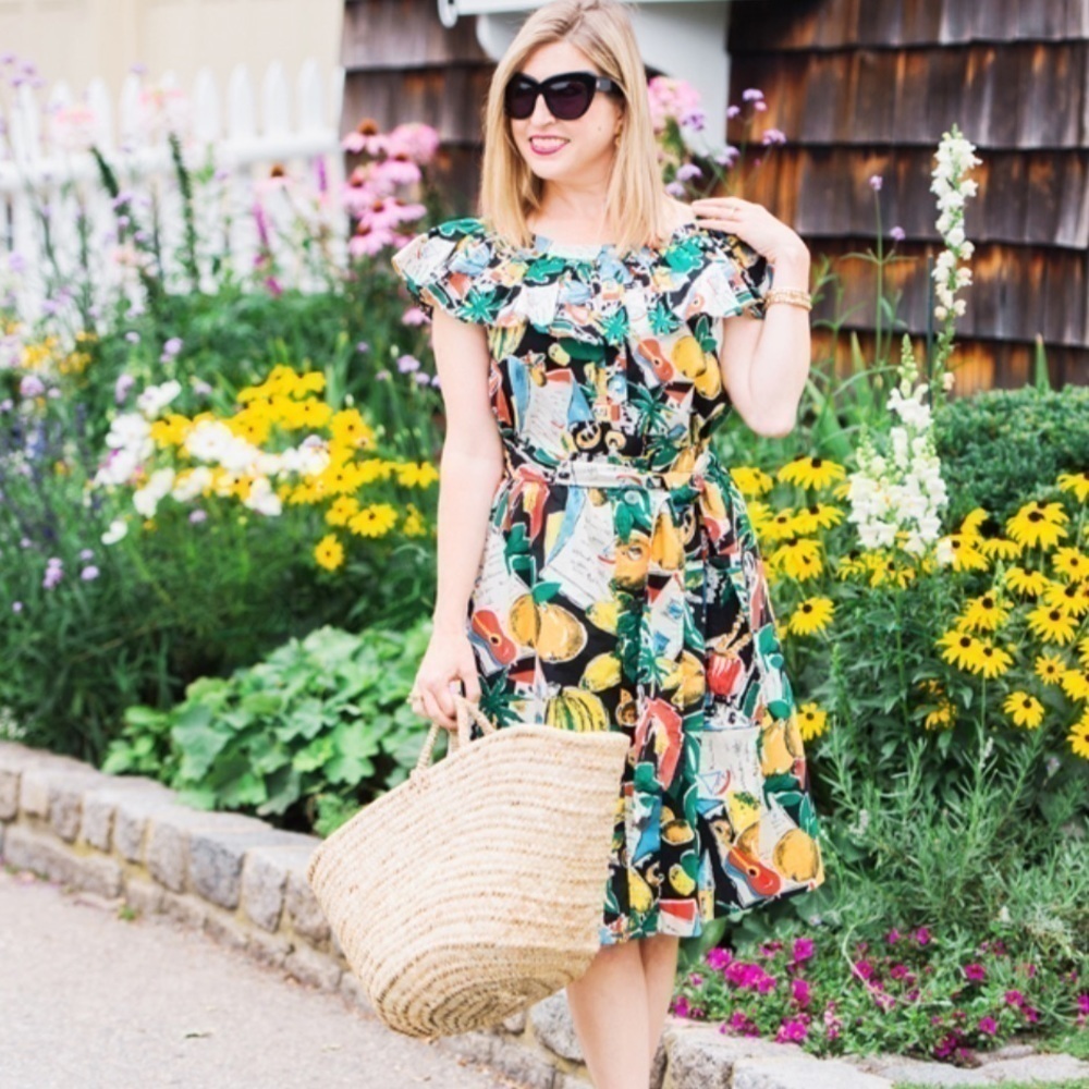 J Crew off the shoulder ruffle hem dress in postcard print fruit Debra messing